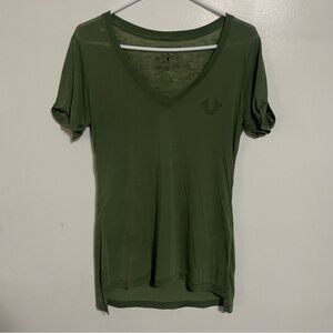 True Religion Women's Horseshoe Deep V-Neck Green T-Shirt